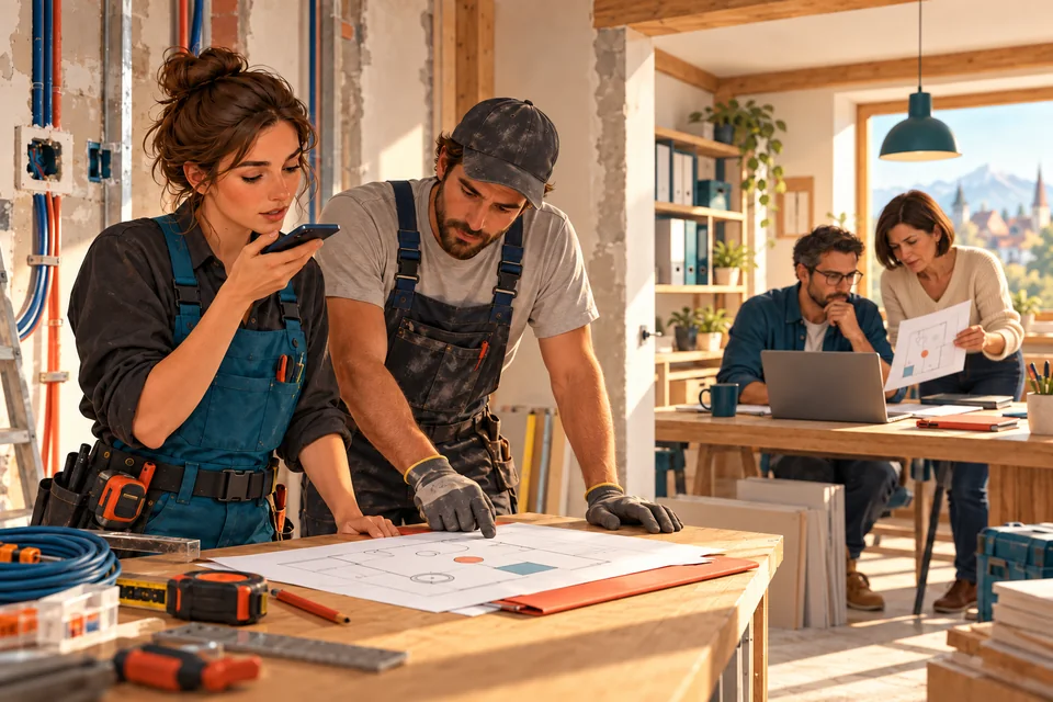 Scène illustrée : une artisane dicte une note sur son téléphone, un artisan vérifie le plan ; au bureau, une femme et un homme préparent le même dossier de chantier