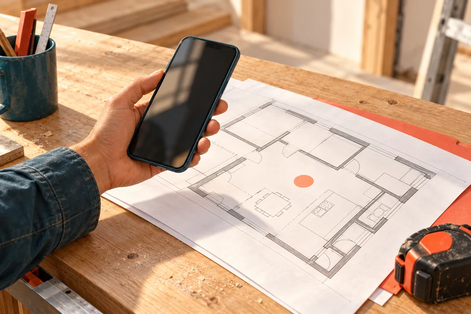 Illustration : un téléphone au-dessus d’un plan de chantier.
