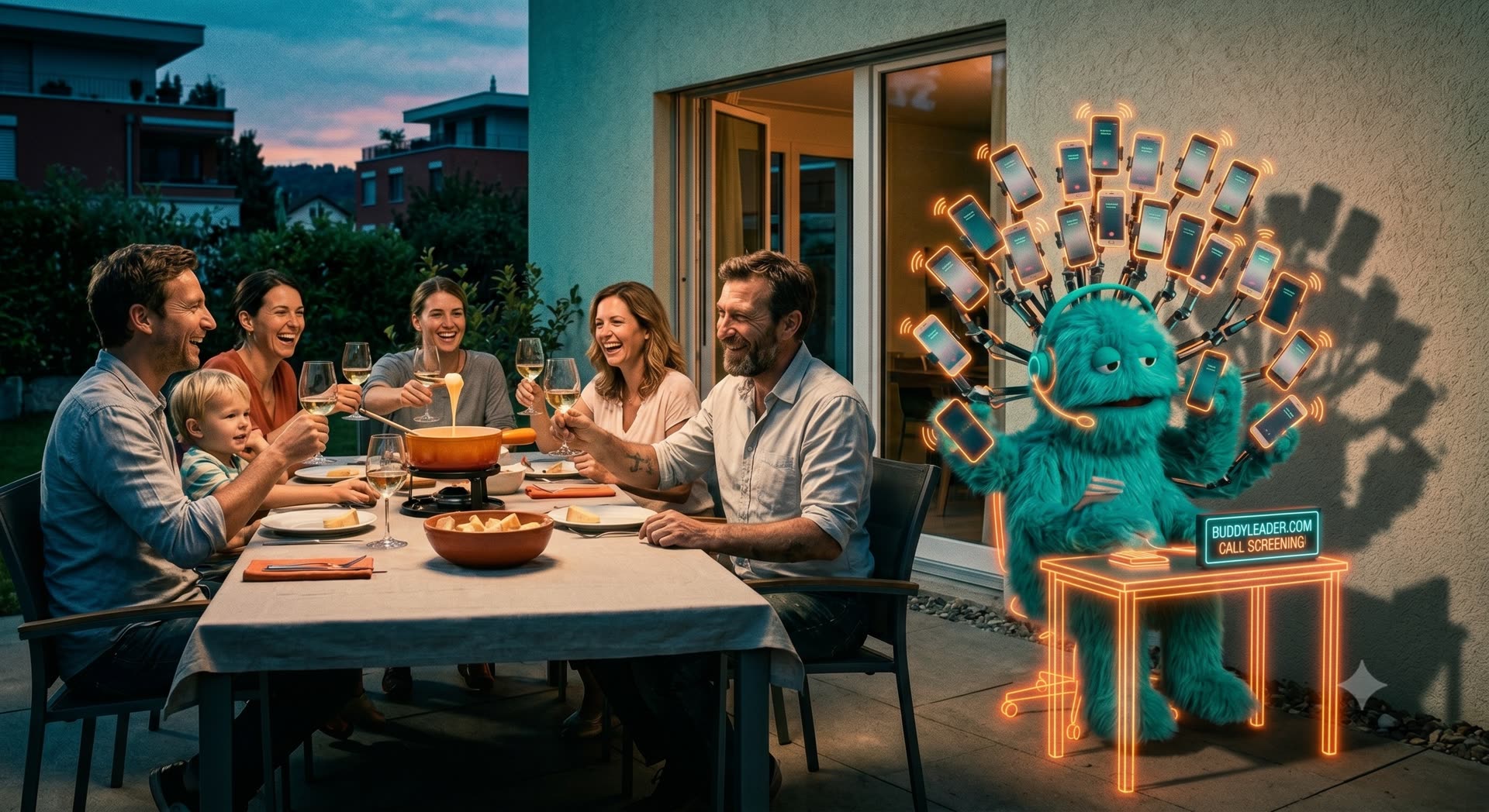A Swiss family enjoys a fondue dinner at sunset on a Lavaux terrace while the BuddyLeader AI mascot, headphones on, screens a fan of glowing smartphone calls beside them.